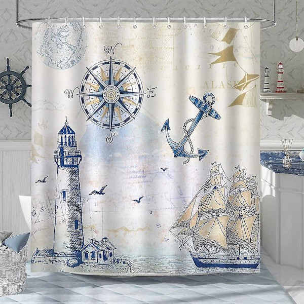 Nautisk Dusjforheng Fyrtårn Seilskute Kompass Anker 180 X 180 Cm Badeforheng Polyester Stoff