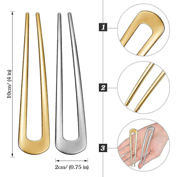 6 stk. Metal U-formet Hårnåle Enkelt Gaffel Sticks Fransk Hårnåle (guld+sølv) A