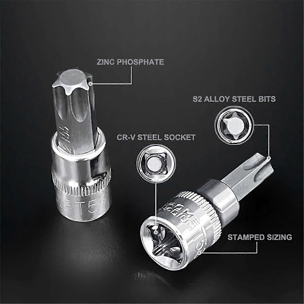 13 stk. Star Torx Bit Socket Sett T8-T70 H2-H14, CRV-piper 1/4 tommer, 3/8 tommer og 1/2 tommer Drive for Håndbruk