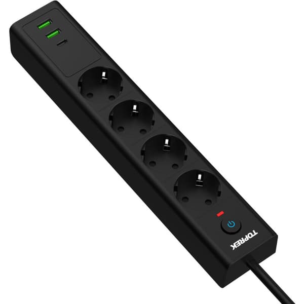TOPEREK 4-vägs EU-grenuttag, 4000W 16A, 2m kabel, USB ingår ej, PC V-0, säkerhetsskydd