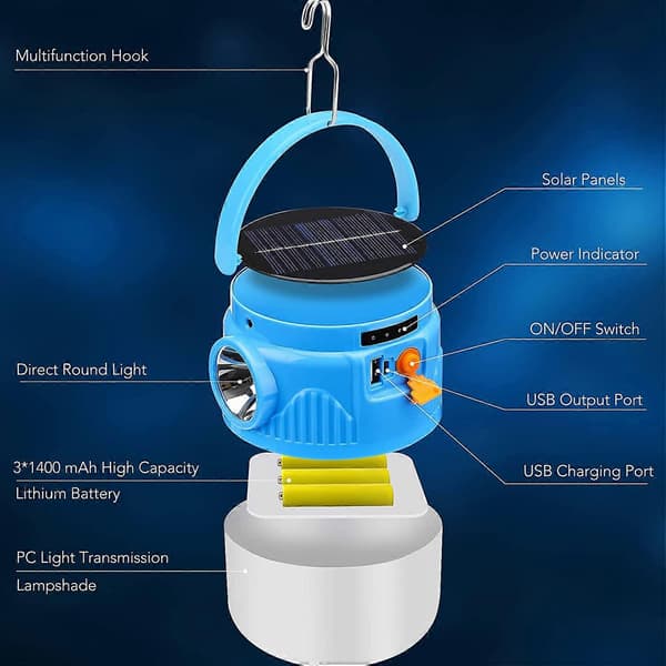 Oppladbare campinglys, Acsergery LED solcelle campinglampe 1200 lumen solcelle/USB gave