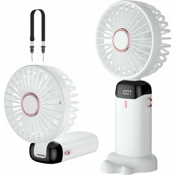 Mini bærbar ventilator, USB genopladelig. Lille 5-trins lommeventilator med base - hvid.