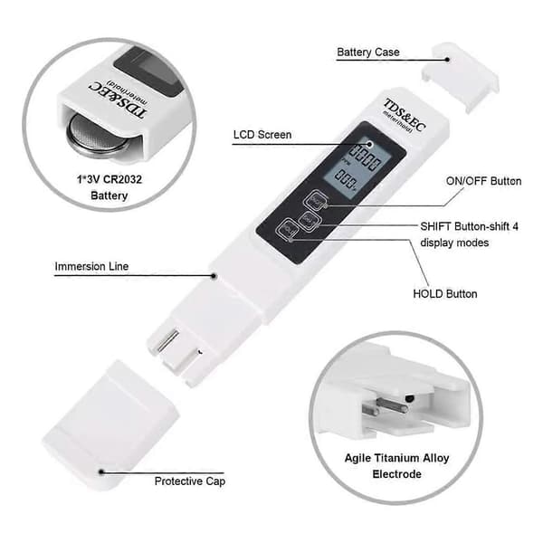 TDS-måler Digital Vanntester Digital 0-14 PH-måler Tester 0-9990ppm TDS&EC LCD Vannrenhet PPM Aq