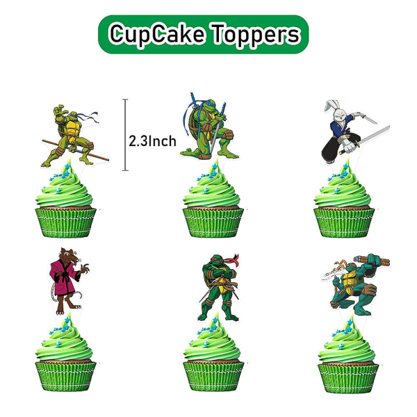 Ninja Turtles-tema bursdagsparty dekorasjonssett inkludert Happy Birthday-banner, ballongsett, kake- og cupcakes-topper