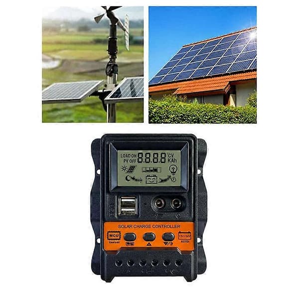 Solar Laderegulator 12V24V Solcellepanel Batterilader Regulator Auto 2 USB LCD-skjerm Last
