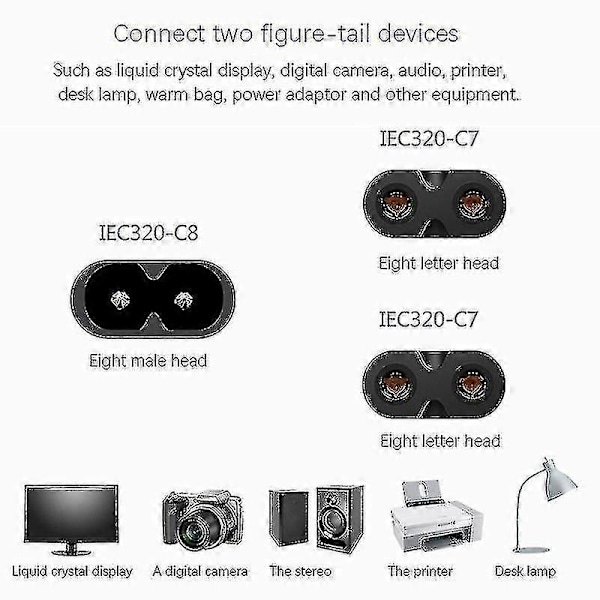 Iec320 C8 Til 2x C7 Y Split AC Strømkabel, 1 Inn 2 Ut AC Strømkabel