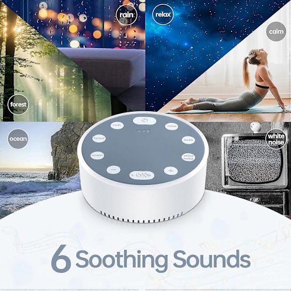 White Noise Lydmaskine til Søvn, Lille Rejse Lydmaskine med 6 Beroligende Lyde, USB Genopladelig Søvnlyde White Noise Maskine med Stemningslys