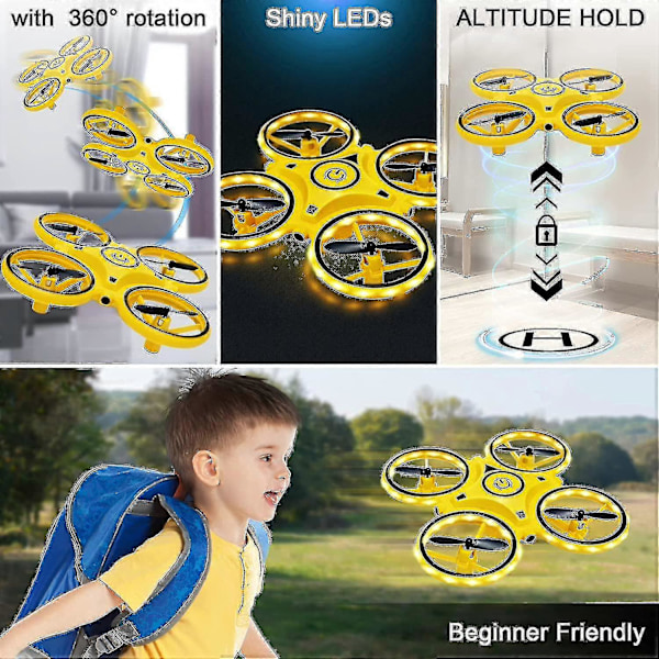 Mini Drone for Barn, gestkontroll Drone, håndopererte droner med sensor innendørs drone, LED-lys