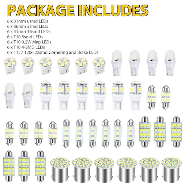 42 kpl auton LED-valot, auton sisätilan mini-lampun sarja T10 leveysilmastinvalo kaksoiskärki lukulampi rekisterikilven valo sisävalo oven valo