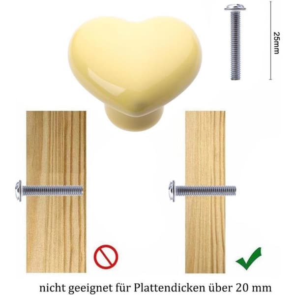 Skabsknopper - LARGEIGHT - 6 Stk - Keramik - Hjerteform - Lysegul