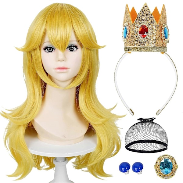 Blond Prinsesse Paryk med Krone + Brosche + Øreclips + Parykhat, Gylden Lang Bølget Peach Cosplay Paryk Kostume til Halloween Fest