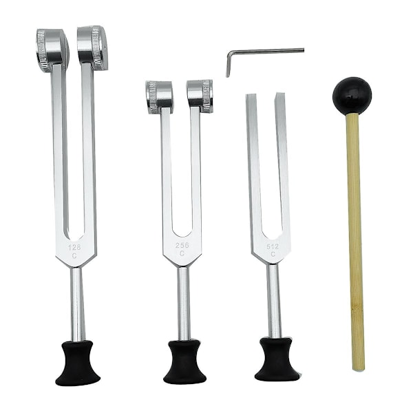 4-pack stämgaffelset (128 Hz, 256 Hz, 512 Hz) med stämgaffelhammare för ljudljudvibrationsverktyg W