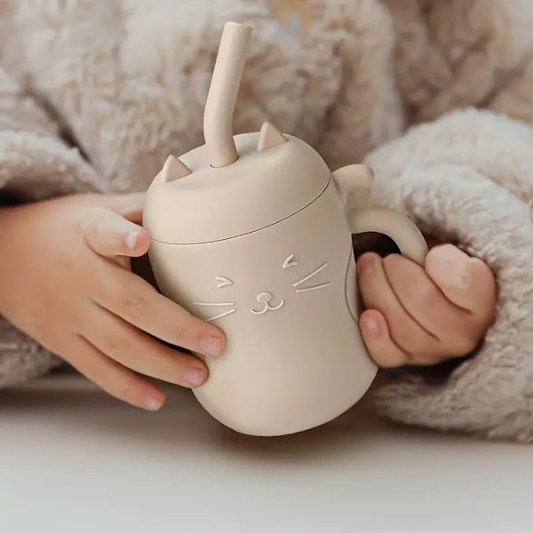 Baby Læringskopp, Myk Gummiskopp 6 Oz, Egnet For Småbarn Å Øve På Å Drikke, Bærbar Matingskopp Med Lopp & Sugerør Lys Khaki