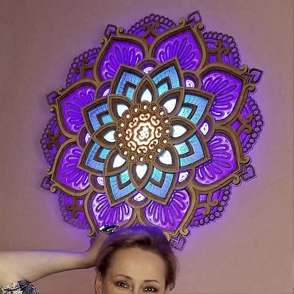 LED Nattlampa Modern Väggdekor med USB-portar Elegant Trä Mandala Hängande MDF-paneler Lampa Dec