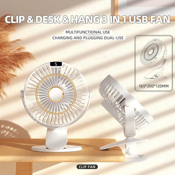 Miniskrivebordsventilator med klips. 5 blæserhastigheder. 720° rotation, genopladelig, med LCD-skærm.