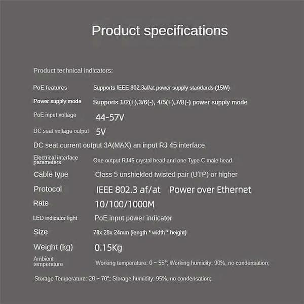 Gigabit POE Splitter 5V3A 1000Mbps Type-C Power over Ethernet til CISCO til HUAWEI til IP Kamera til