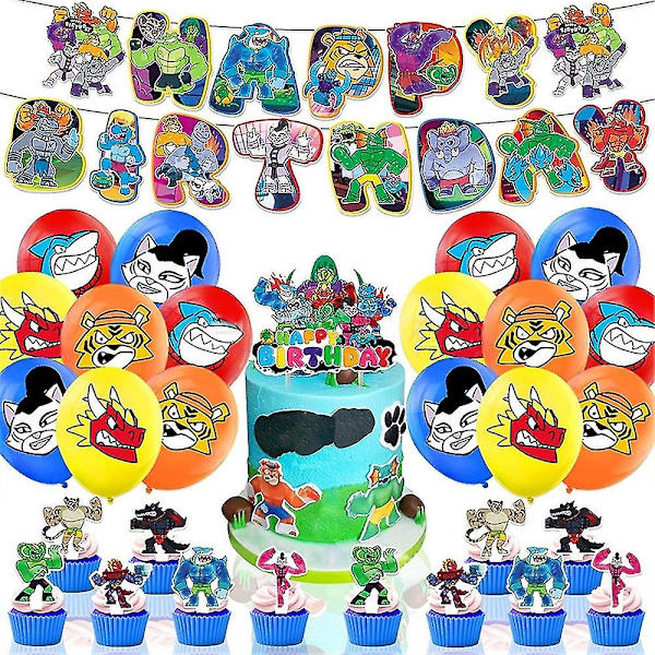 Goo Jit Zu Heroes Tema Födelsedagsfest Dekoration Kit Inkl. Banner Tårta Cupcake Topper Ballonger Set
