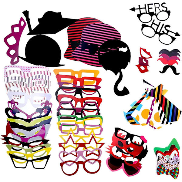 Set med 76 färgglada accessoarer, glasögon, mustascher, läppar, flugor, hattar på pinnar för bröllop, julfest, födelsedagar
