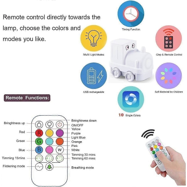 Natlampe Børneværelse Lampe Baby Natlampe LED Genopladelig 9 Farver Natlampe (Fjernbetjening + Touch Dæmpning) Julegave - Tog
