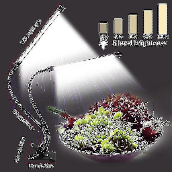 Vekstlys, sollys Hvit 50w 84 LED Dobbelt Hode Klips Plantelys, 4/8/12h Timer 5 Justerbare Lysstyrkenivåer