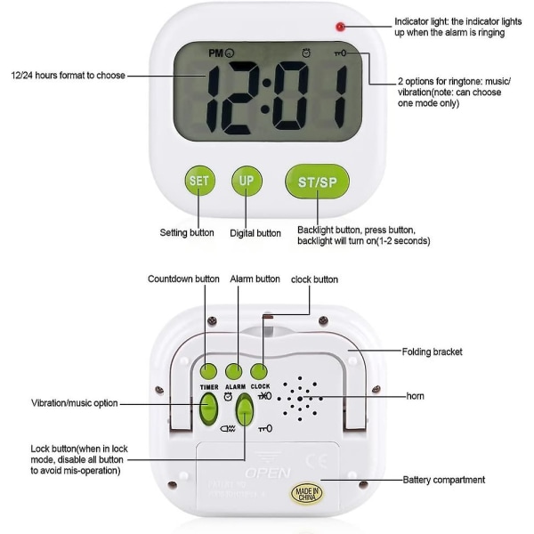 Digital väckarklocka med LCD-skärm, vibrationslarm, batteridriven, modern bärbar timer