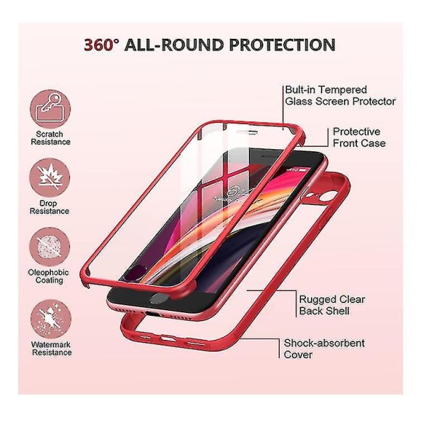 Iphone Se Case, Iphone 8 Case Militärklass Full Body 360 Stötsäker Bumper Transparent Back Case Cover För Iphone Se / Iphone 8 (röd)