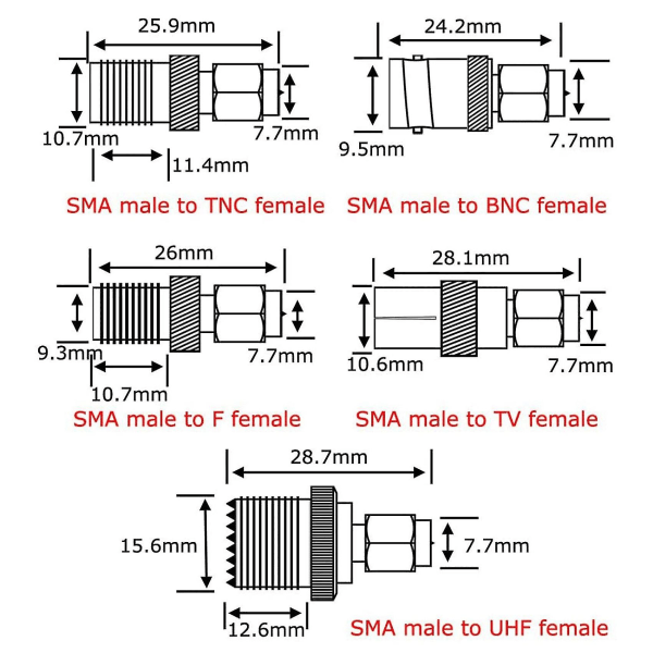 10-typset Sma-adapterkit Sma-hane till /bnc/uhf/mcx/smb/tv/tnc-hon raka nickelguldpläterade