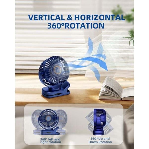 Mini bærbar clip-on ventilator. Lille genopladelig USB-bordventilator med tre hastigheder - blå.