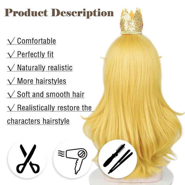 Blond Prinsesse Paryk med Krone + Brosche + Øreclips + Parykhat, Gylden Lang Bølget Peach Cosplay Paryk Kostume til Halloween Fest