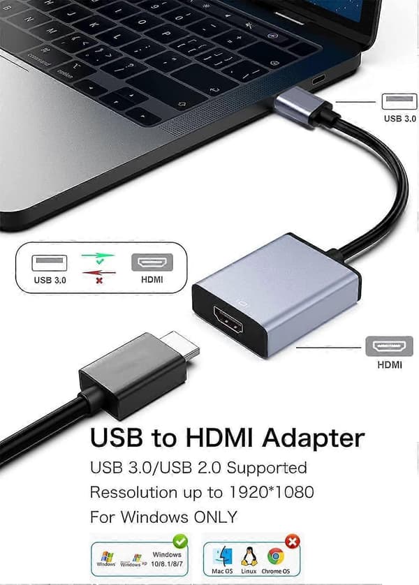 USB til HDMI Adapter, USB 3.0/2.0 til HDMI til flere skærme 1080P kompatibel