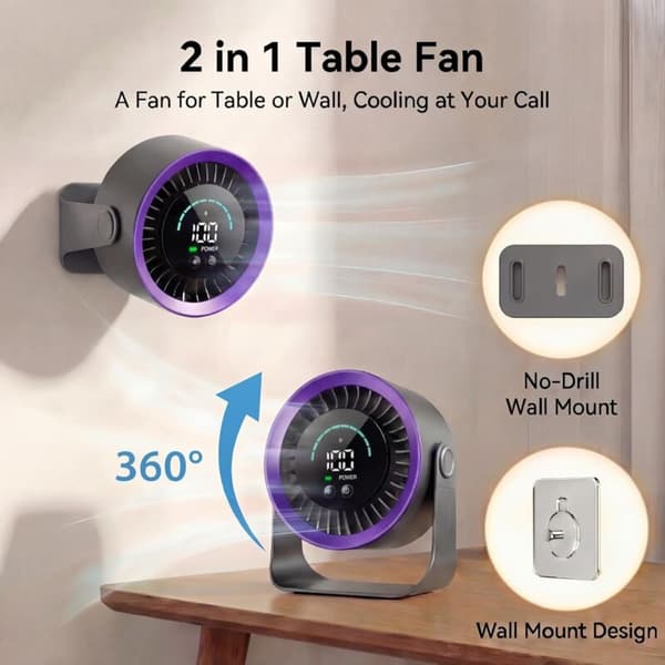 Mini bordventilator. Kompakt, støjsvag og 360° roterende ventilator med LED digitalt display.