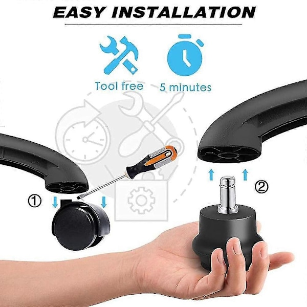 5 stk. Bell Glide-erstatningshjul for kontorstol eller krakk - Svingbare hjul til faste hjul, kontorstolhjul