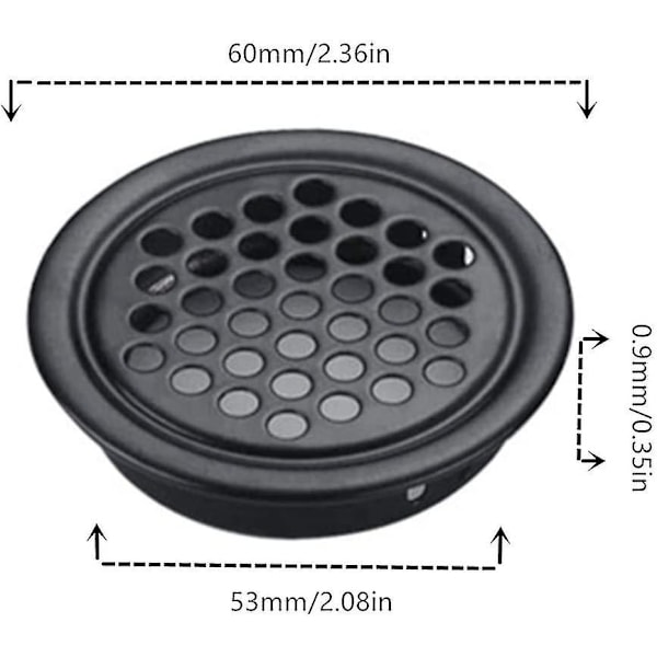 Set med 8 runda ventilationsgaller i rostfritt stål 53 mm svart