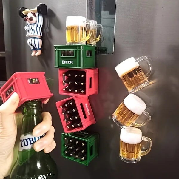 1 st öl flasköppnare, läsk flasköppnare, kan fästas på kylskåpet som dekoration, kreativ ölkorgdesign