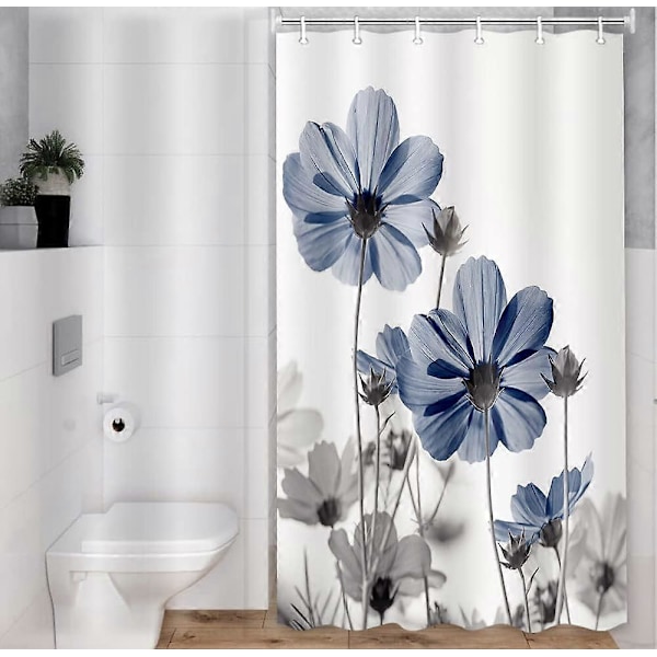 Unikt blomstret blåt bruseforhæng til badeværelsesindretning, blå og grå tusindfryd blomst elegant vildblomst design bondehus bruseforhæng med kroge