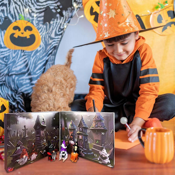 Halloween Adventskalender 2024 med 31 Gnomefigurer Halloween Legetøj, 31 Dages Halloween Nedtælling Adventskalender Dekorationer