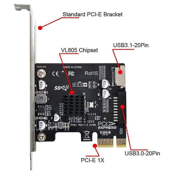 VL805 Emolevyn sovitin 5 Gbps Type E USB 3.1 Etupaneelin naaras & USB 2.0 - PCI-E 1X Express -kortti