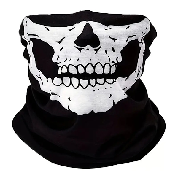 1:a svart skalmönster UV-skyddande ansiktsmask, vindtät andas bandana halsduk, lämplig för sport och utomhus Halloween kul