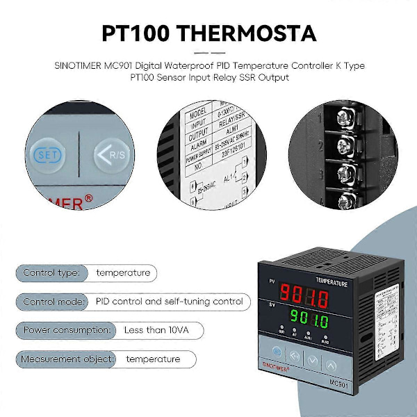 SINOTIMER MC901 Digital Vattentät PID Temperaturkontroller K Typ PT100 Sensoringång Relä SSR Ou