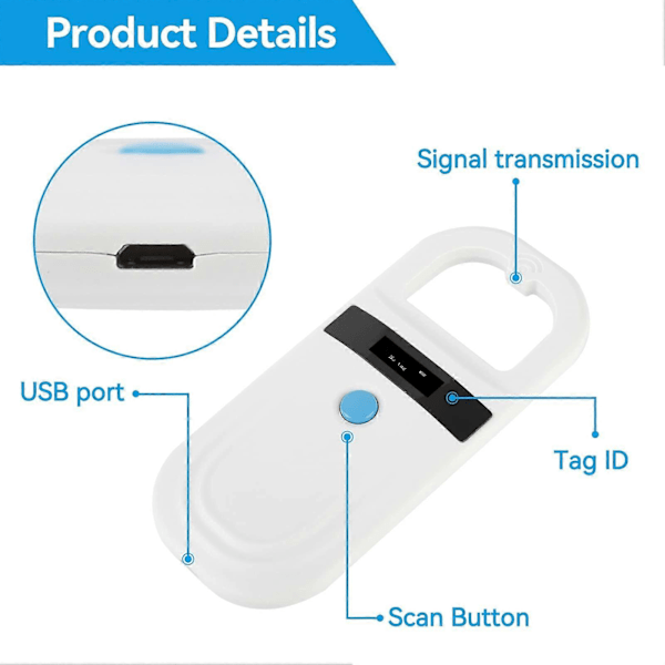 Husdjurs-ID-läsare, Husdjursmärkesvisning Husdjurs-ID-skanner Uppladdningsbar Husdjurschip Bärbar RFID-läsare EMID för Husdjur