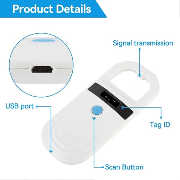 Lemmikkieläinten tunnuslukija, lemmikkieläinten tunnuskilven näyttö Lemmikkieläinten tunnuslukija Ladattava lemmikkieläinten siru Kannettava RFID-lukija EMID lemmikkieläimille