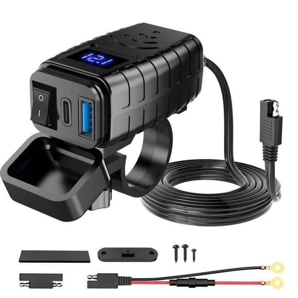 Telefonladdare - INGET MÄRKE - QC3.0 USB och PD Type-C - Strömbrytare - LED Voltmeter - IP65 Vattentät PZCC