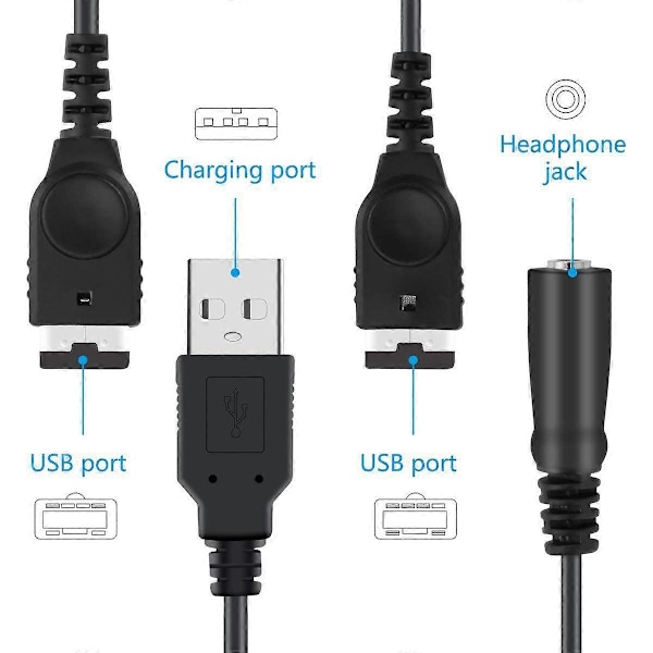 Opladerkabel og 3,5 mm hovedtelefonadapterkabel til Gameboy Advance SP