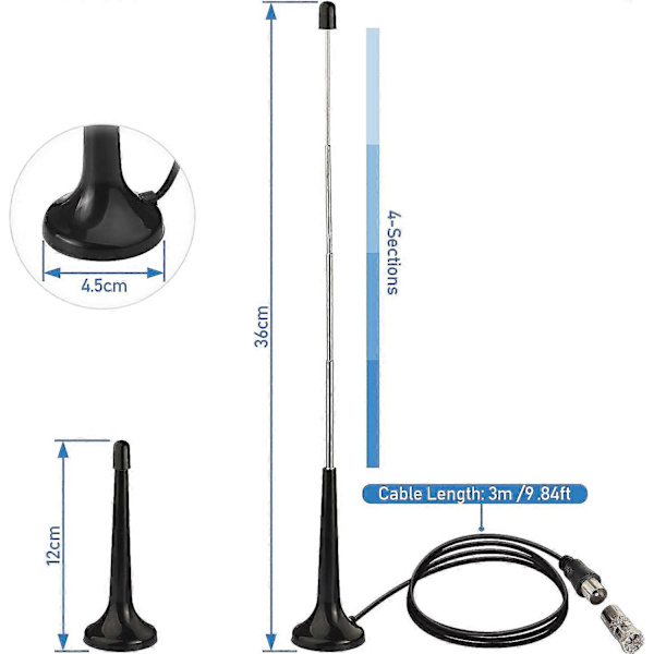 DAB FM Radio Antenne Teleskopisk FM Mast FM Antenne med Magnetisk Base og 3m Forlengelsesledning