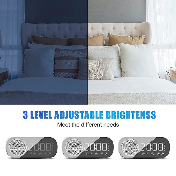 Digital LED-väckarklocka med FM-radio och Bluetooth-högtalare, 3 nivåer av ljusstyrka, snooze