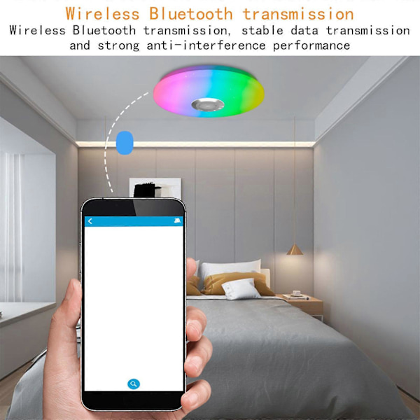 LED-taklampe med Bluetooth-høyttaler, RGB LED-taklamper, styring via smarttelefon-app, fjernkontroll for fargeendring, montering av belysning