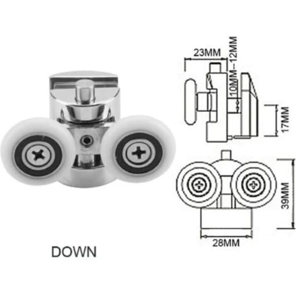 Sæt med 4 dobbelte skydedørsruller til bruseniche, 2 hjul, 23 mm diameter, zinklegering til badeværelse