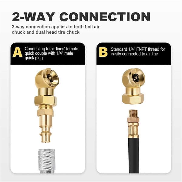 2-pack portabla luftchuckar, solid metall, sluten kul-luftchuck + 1/4 tum NPT standard snabbkontakt, däckpåfyllning