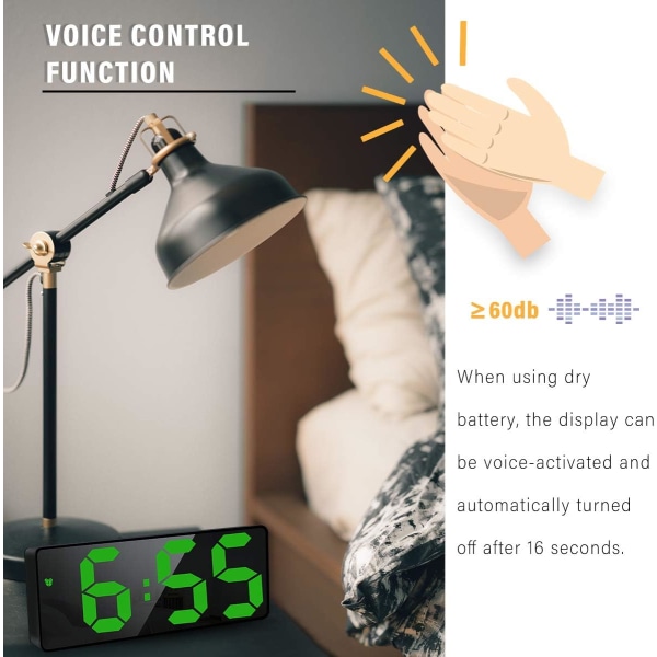 Digital väckarklocka, 6,7 tums LED-spegel Digital klocka Bedside väckarklocka, grön