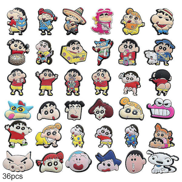 36 kpl/setti Crayon Shin-chan -sarjan Crocs-kenkien riipuksia Kenkien sandaalien koristelu Syntymäpäivälahjat Crocs-kenkien tarvikkeet